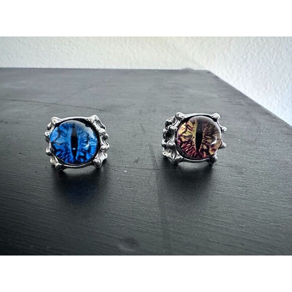 Dragon Eye Mens Ring Adjustable Yellow Blue Silver Metal Gothic Cosplay Set of 2 - Picture 1 of 8
